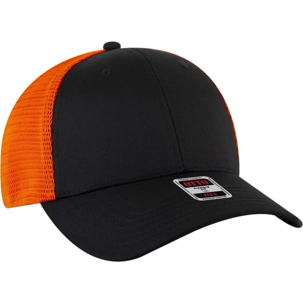 A low profile trucker cap in black with an orange mesh back. Features a logo on the side.
