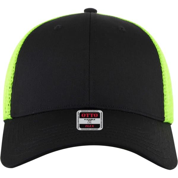 A black trucker cap with neon green mesh sides and a logo on the front panel.