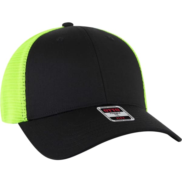 A black low profile trucker cap with a bright green mesh back and a logo on the front.