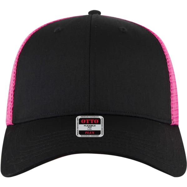 A black trucker cap with pink mesh panels and a logo on the front. It features a low profile design.