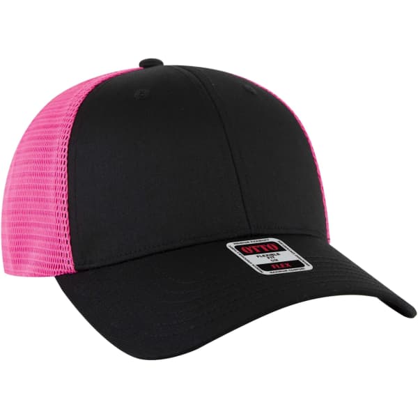 A black trucker cap with a pink mesh back, featuring a branded label on the front.