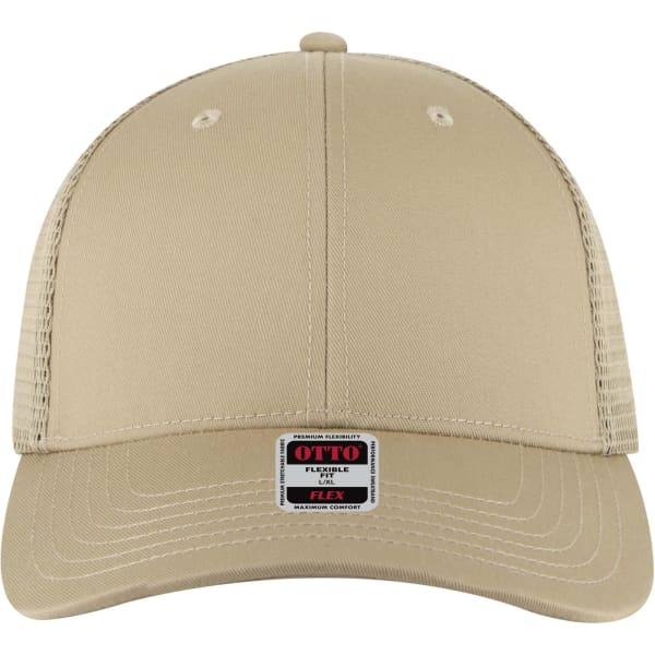 A beige Flex Fit 6 Panel Low Profile Trucker Cap with mesh back and a branding label on the front.