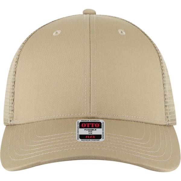 A beige Flex Fit 6 Panel Low Profile Trucker Cap featuring mesh panels and an adjustable strap at the back.