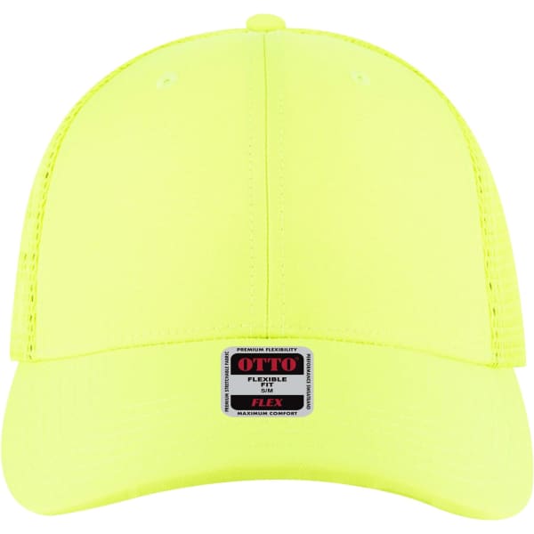 A bright yellow Flex Fit 6 Panel Low Profile Trucker Cap with a logo on the front.