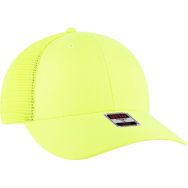 A bright yellow low profile trucker cap with a mesh back and a logo on the front.