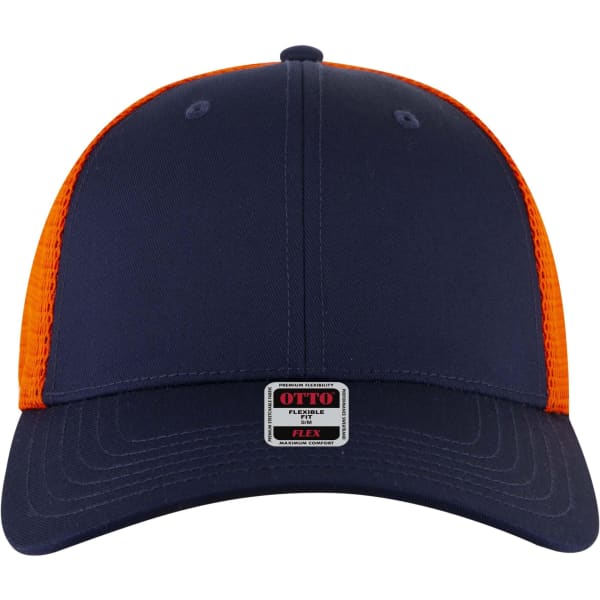A navy and orange low-profile trucker cap with a six-panel design and a logo on the front.