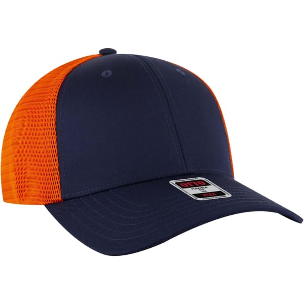 A navy and orange Flex Fit 6 Panel Low Profile Trucker Cap featuring a mesh back and a logo.