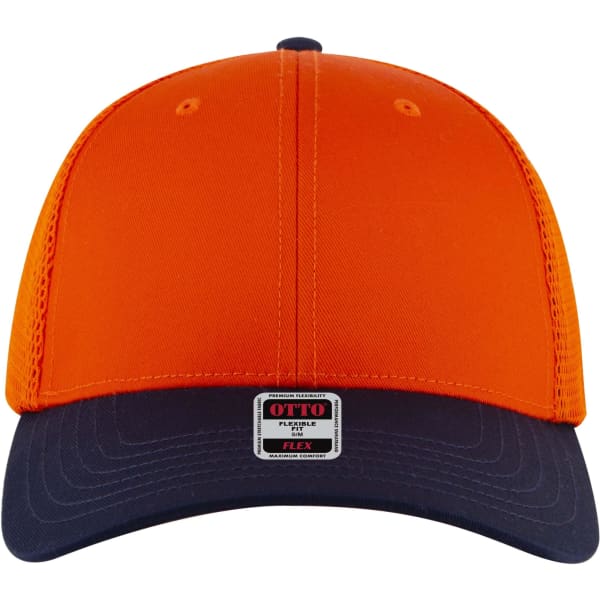 An orange and navy blue trucker cap featuring a logo on the front and a low-profile design.