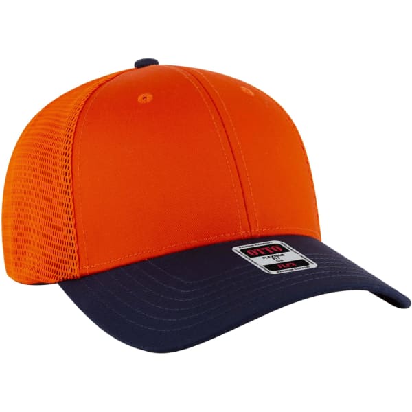 An orange and navy blue Flex Fit 6 Panel Low Profile Trucker Cap with a mesh back and a logo.