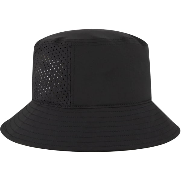 A black bucket hat featuring perforated sides and a wide brim, designed for comfort and ventilation.