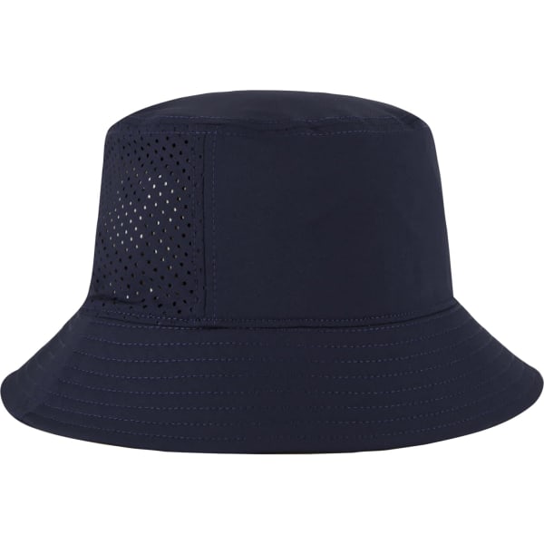 A navy bucket hat with perforated sides and a wide brim, featuring a logo on the side.