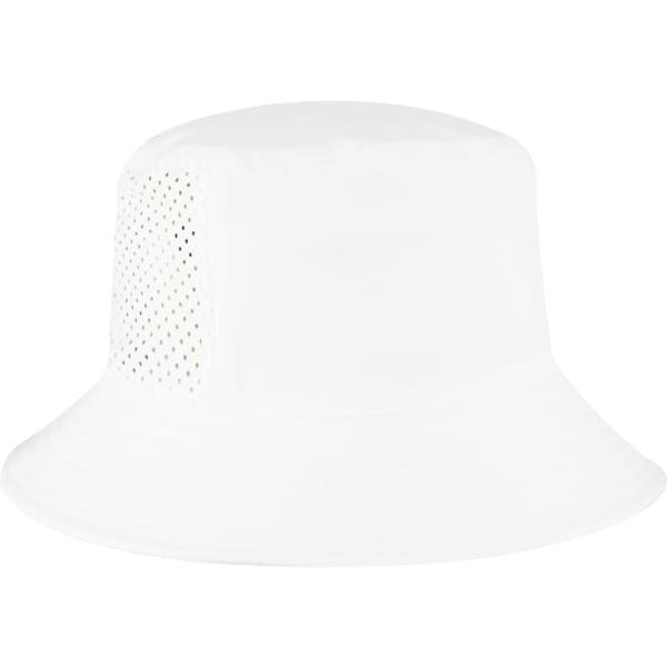A white bucket hat featuring perforated sides and a subtle logo.