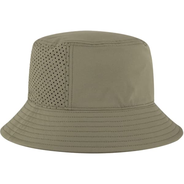 A khaki bucket hat with perforated sides and a simple design, featuring a logo.