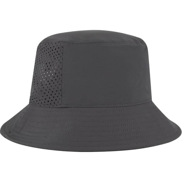 A grey bucket hat featuring perforated sides and a wide brim. It includes a logo on one side.
