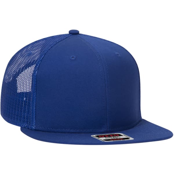 A blue trucker cap featuring a solid front panel and mesh sides, with a logo on the front.