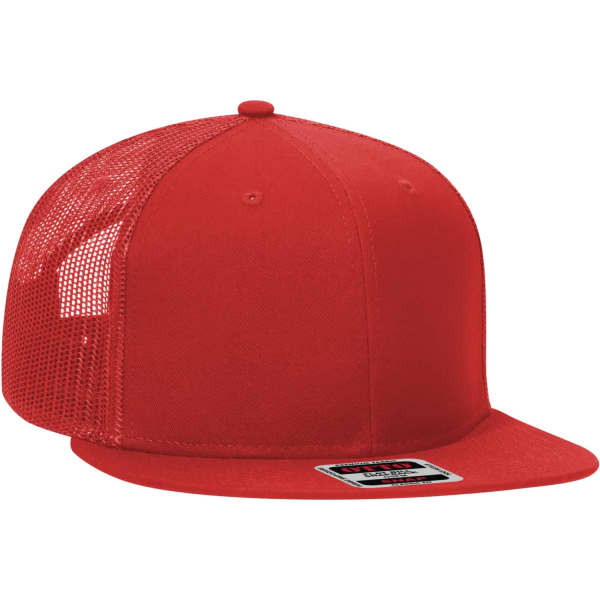 A red trucker cap featuring a solid front and mesh back, with a label on the brim.