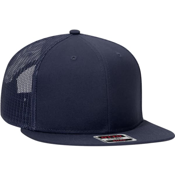 A navy blue trucker cap featuring a solid front panel and mesh sides, with a branded label on the front.