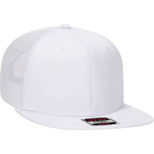 A white trucker cap with a solid front and mesh back, featuring a logo on the front.