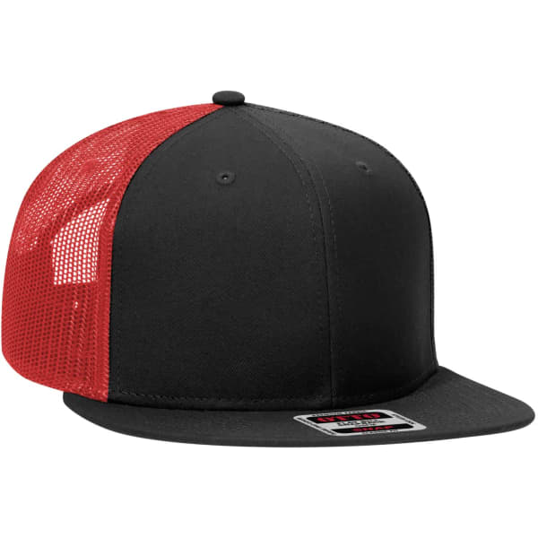A black trucker cap with a red mesh panel, featuring a logo on the front.
