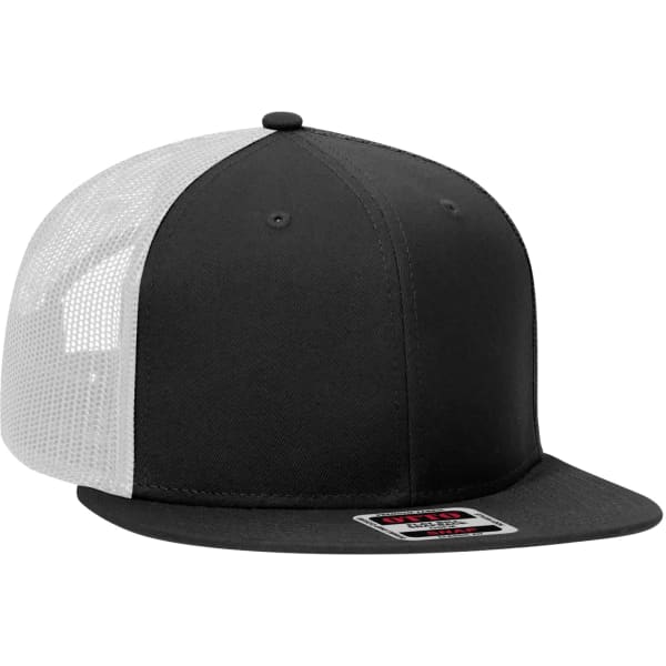 A black and grey six-panel trucker cap featuring a mesh back and a small logo on the front.