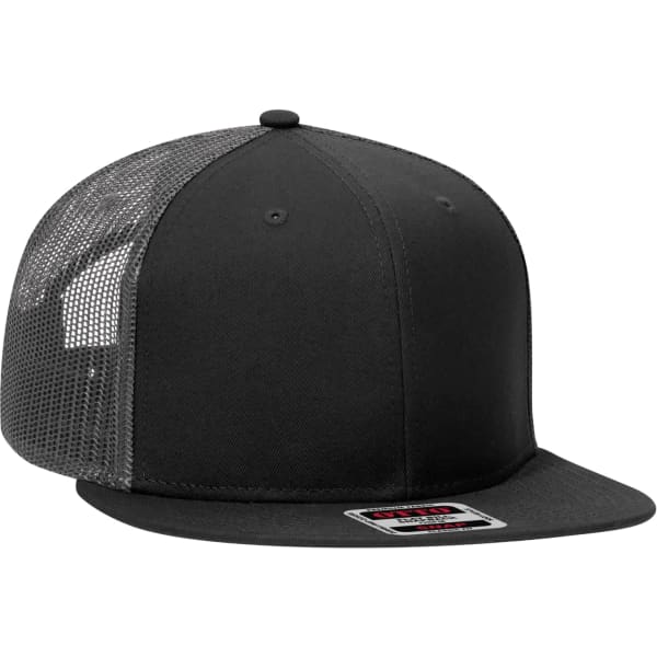 A black trucker cap featuring a solid front and mesh back, with a logo on the side.