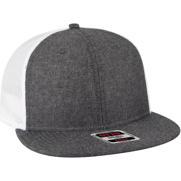 A grey and white Otto Snap 6 Panel Trucker cap with a mesh back and a flat brim. Features a logo on the front.