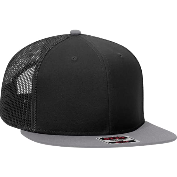 A black trucker cap with a grey brim and mesh back, featuring a logo on the front.