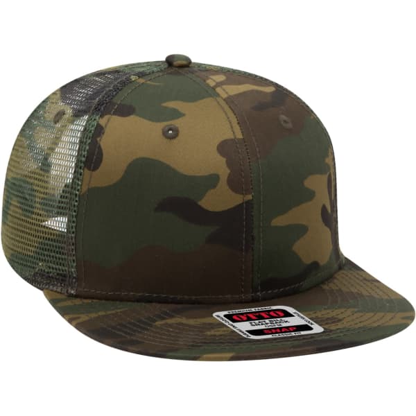A trucker cap in camouflage pattern with a mesh back and a flat brim. Features a logo on the front.