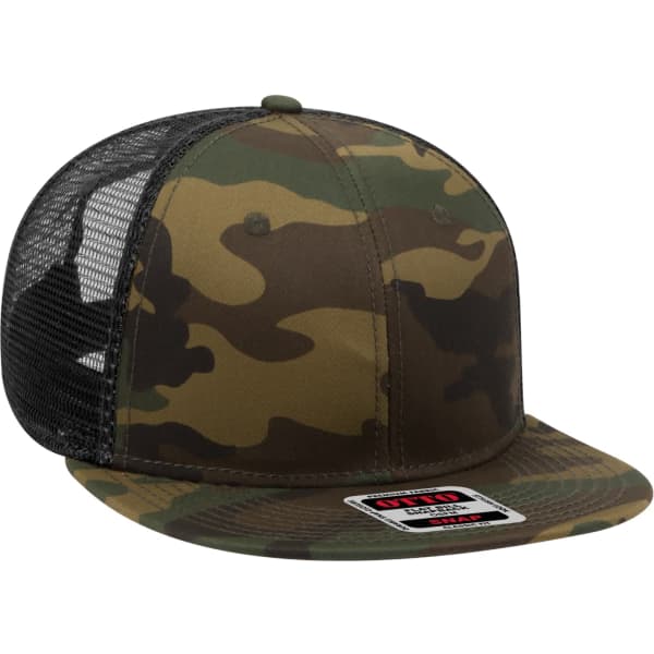 A camouflage trucker cap featuring a solid front panel and mesh back, with a branded logo on the front.