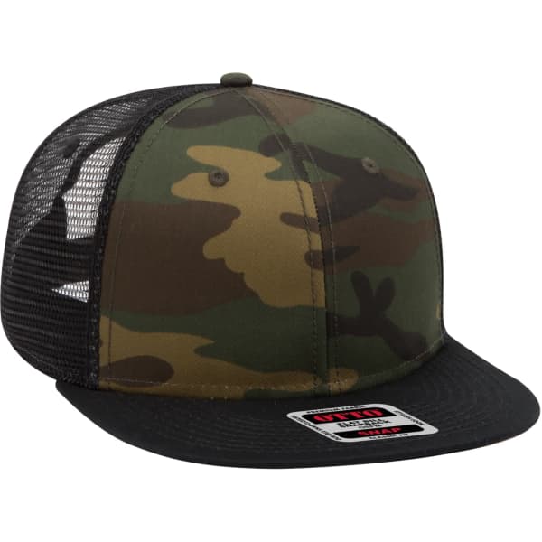 A camo-print trucker cap in green and brown, featuring a black visor and mesh back. Includes a logo on the front.