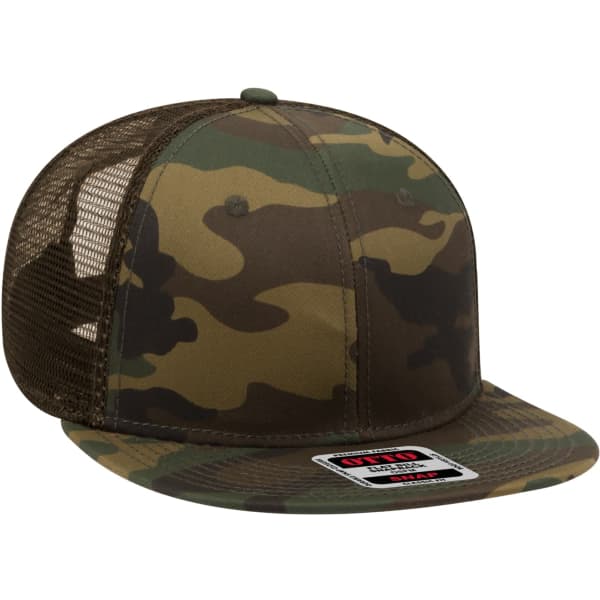 A camo-patterned trucker cap with a mesh back and a flat peak, featuring a logo on the front.