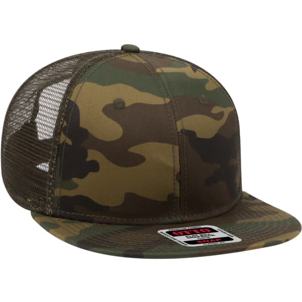 A camo-patterned trucker cap with a flat brim and mesh back, featuring a branding label on the front.