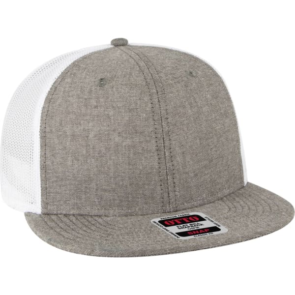 A grey and white six-panel trucker cap featuring a mesh back and a logo label on the front.