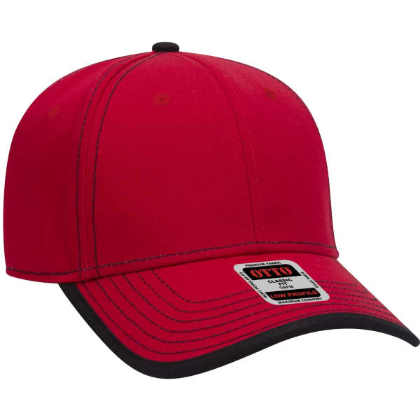 A red 6-panel baseball cap with a black peak and a logo on the front.