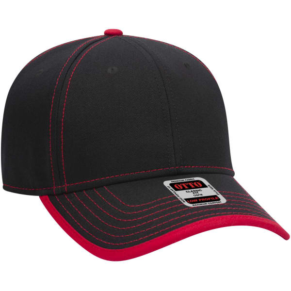 A black 6-panel baseball cap with red accents and stitching. The cap features a logo on the side.