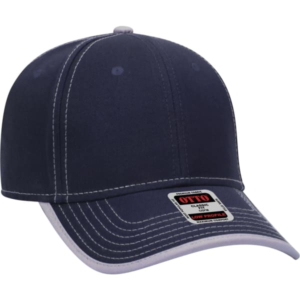 A navy 6 panel baseball cap with contrasting stitching and a branded tag on the front.