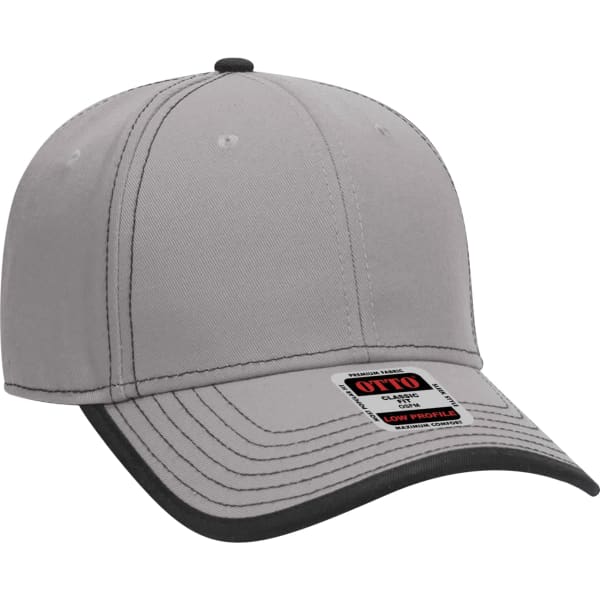 A grey six-panel baseball cap with a contrasting black brim and a logo on the side.
