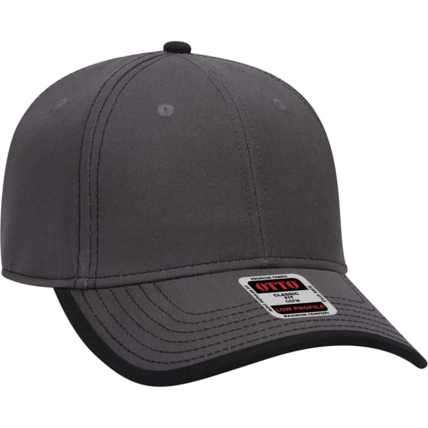 A grey 6 panel baseball cap with a black peak and a logo on the tag.