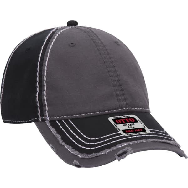 A grey six-panel dad hat with contrasting stitching and a logo, featuring a curved brim and adjustable strap.