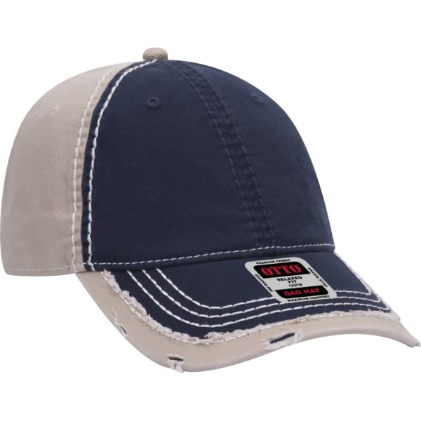 A navy and beige 6-panel dad hat featuring contrasting stitching and a logo on the front.