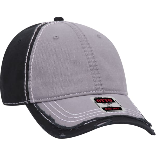 A grey and black six-panel dad hat featuring contrasting stitching and a logo on the front.