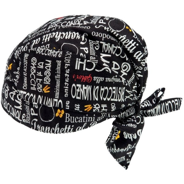 A black bandana with various white and yellow text designs and a tied bow at the back.