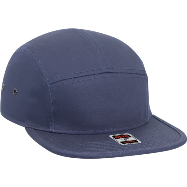 A navy 5 Panel Camper Hat featuring a structured design and a logo on the front.