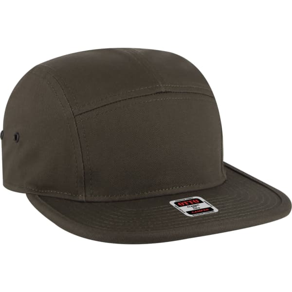 A five-panel camper hat in olive green, featuring a curved brim and small ventilation eyelets, with a logo tag.