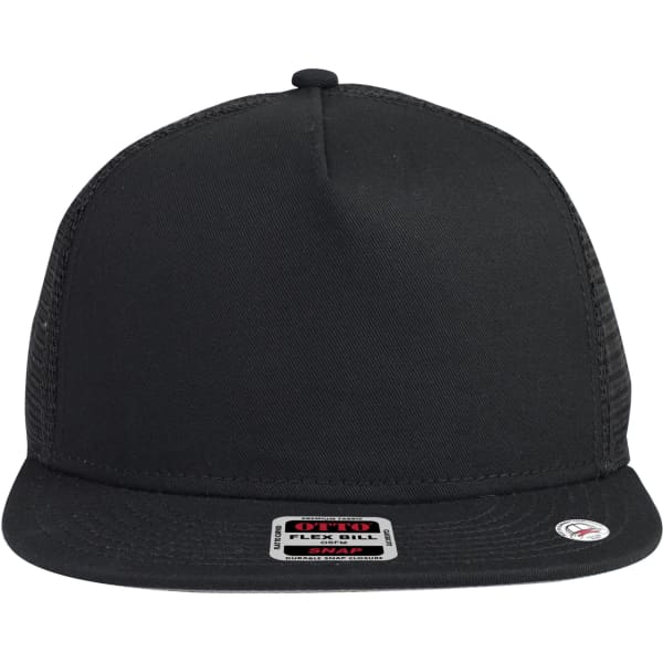 A 5 panel mid profile trucker cap in black with a mesh back and a branded label on the front.