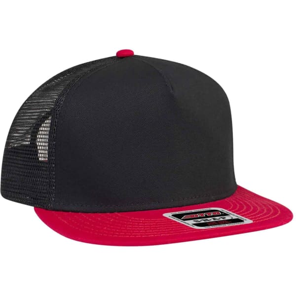 A black and red Otto Snap 5 Panel Trucker Cap with a mesh back and a branded logo on the front.