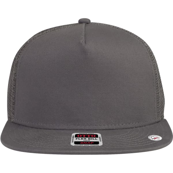 A grey 5 panel mid profile trucker cap featuring a flat brim and a mesh back, with a logo on the front.