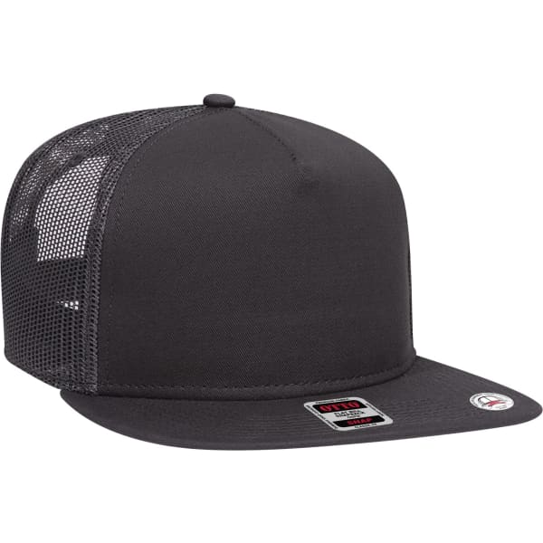 A black trucker cap featuring a mesh back and a flat brim, with a small logo on the front.
