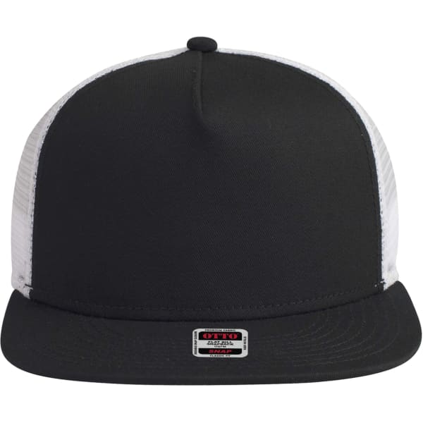 A black and white 5 panel mid-profile trucker cap with a flat brim and a logo on the front.