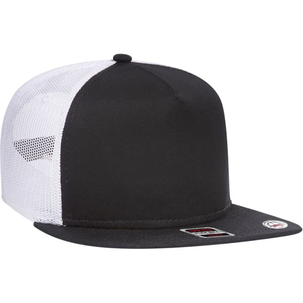 A black and white Otto Snap 5 Panel Trucker Cap with a flat brim and mesh back, featuring a logo.